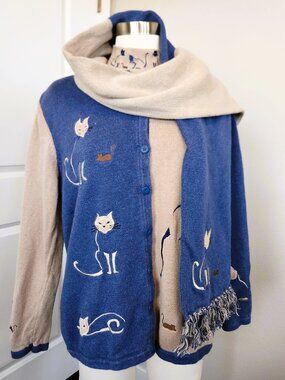C.J. Banks Cat Embroidered Cardigan Mock Neck Top Scarf 2 Piece Set Size X